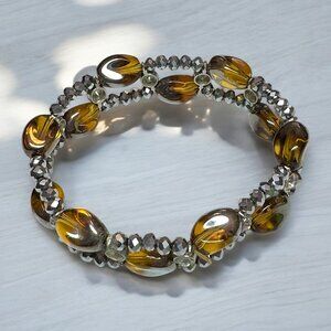 Glass Beads Bracelet Stretchy Amber Brown and Silvery colours